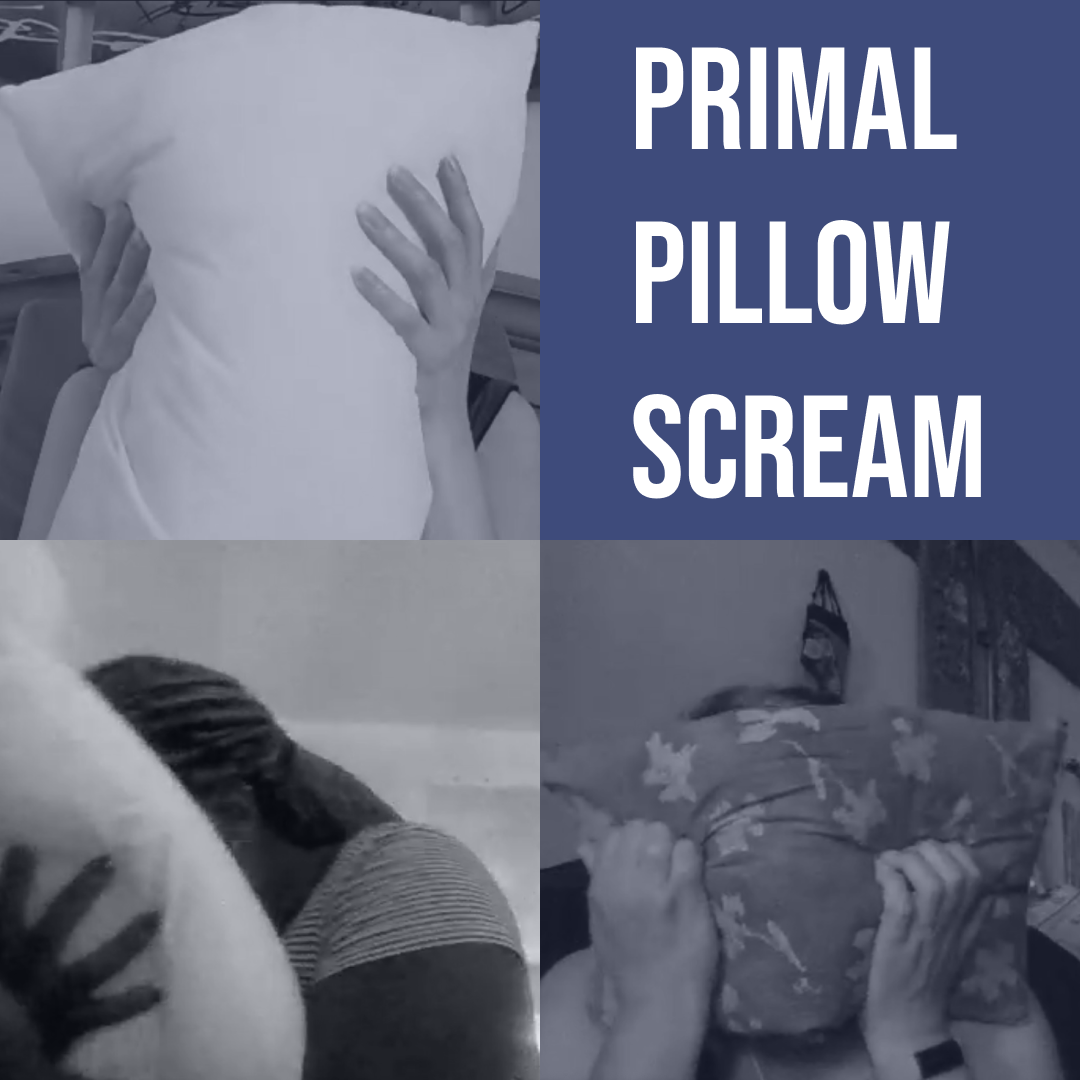 Images of workshop participants screaming into a pillow