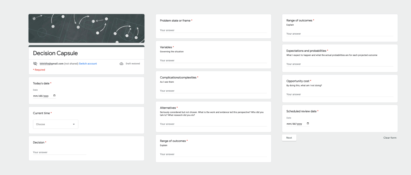 Screenshots of Google Form with questions to be completed with the title "Decision Capsule"