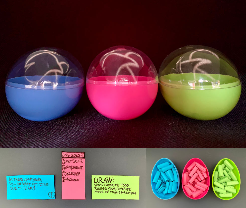 Three images: 1) plastic easter eggs; 2) card prompts color coded to match in blue, pink, and green; 3) open halves of the easter eggs filled with the cards rolled up