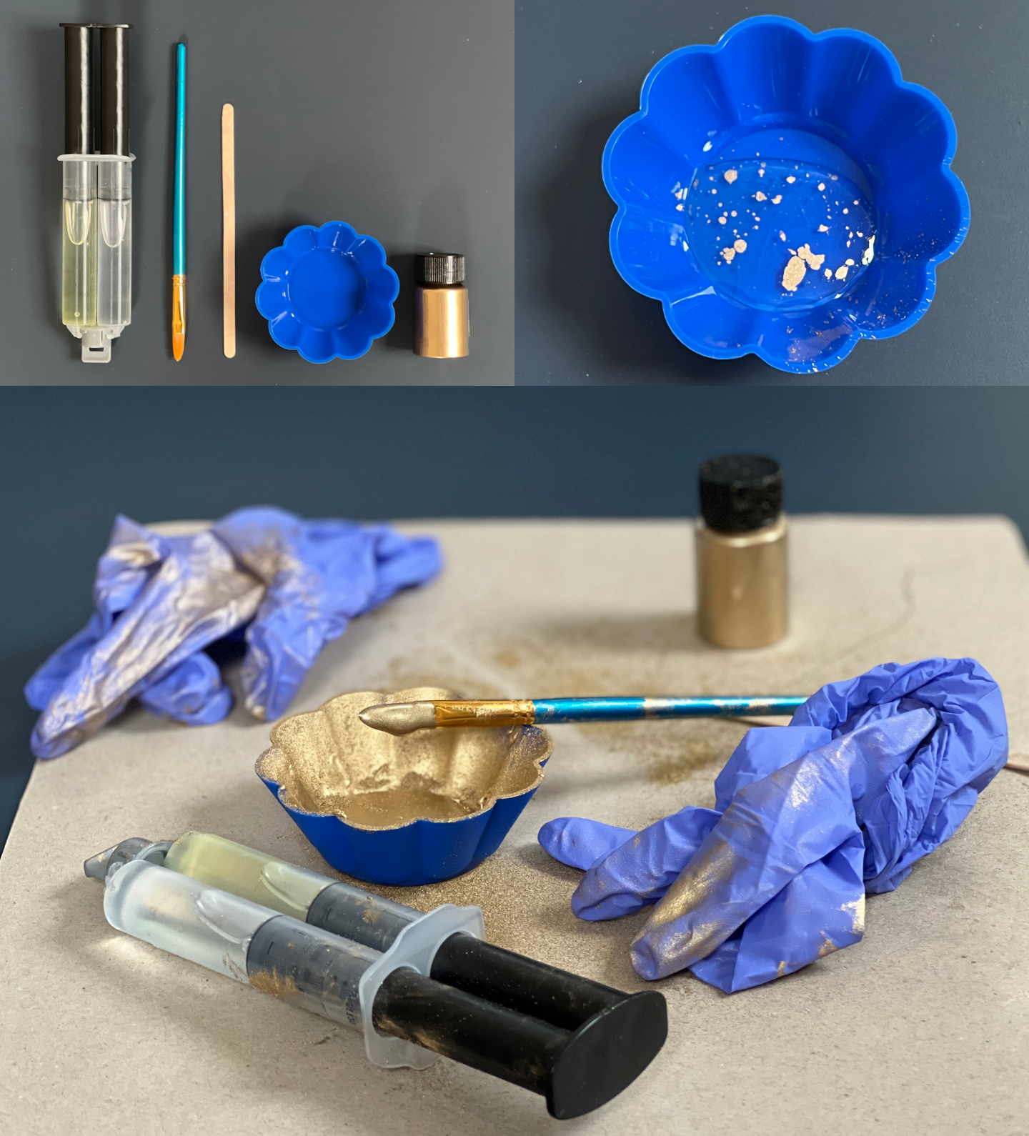 Clockwise: 1) Kintsugi materials, 2) blue silicon flower with epoxy resin and gold dust, 3) used materials with gold dust on them