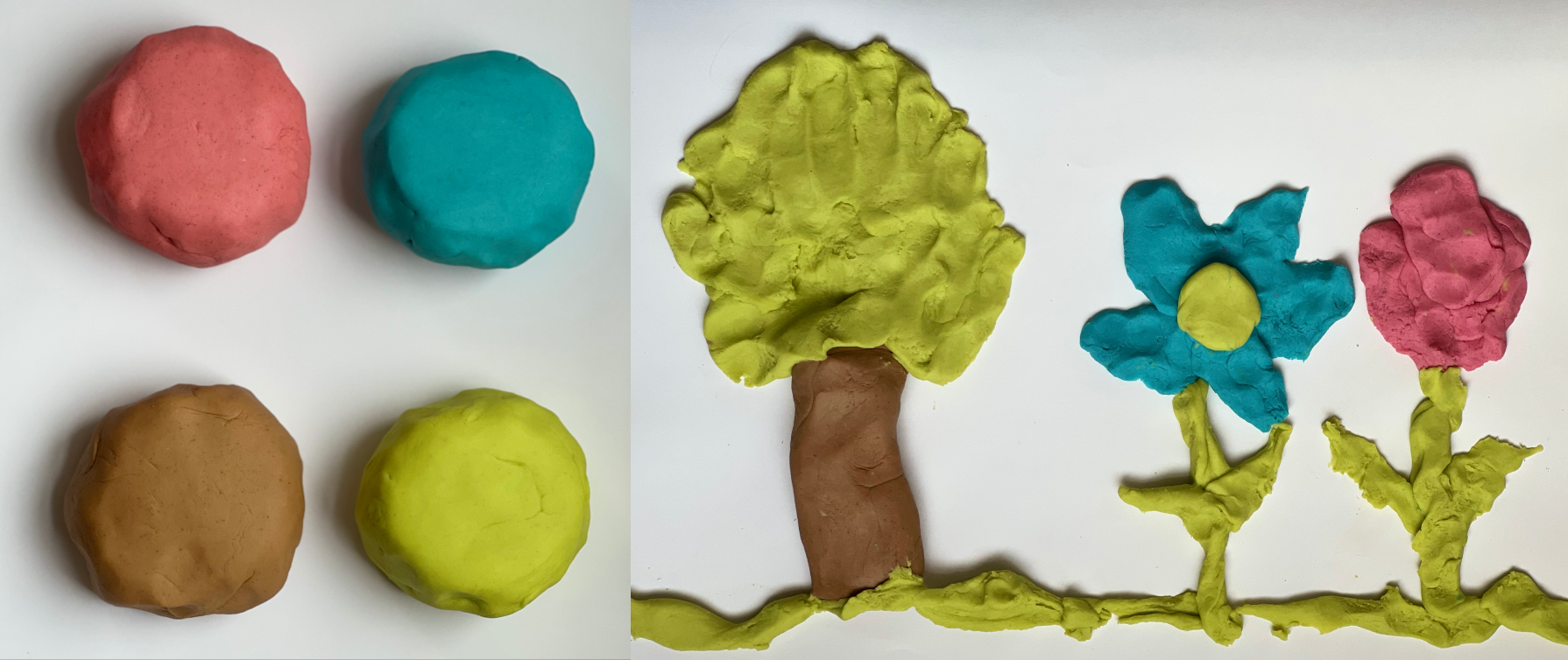 Shows two images, one on the left with 4 colored balls of play dough and an image on the right to see that transformed into flowers and a tree