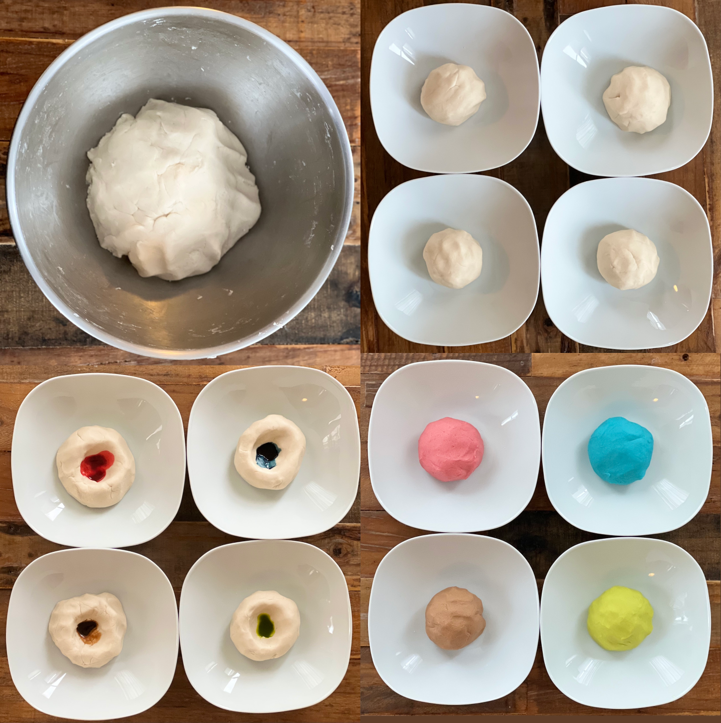 Images of dough being made and turned into colorful play dough with colors going clockwise from top left: red, blue, brown, and green