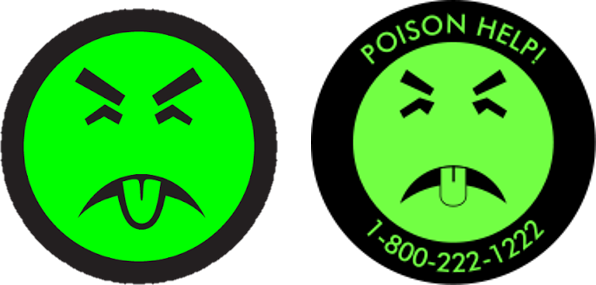 Green Mr. Yuk sticker with green face and tongue sticking out; includes Poison Help text and 1-800 number with just the face on the left side