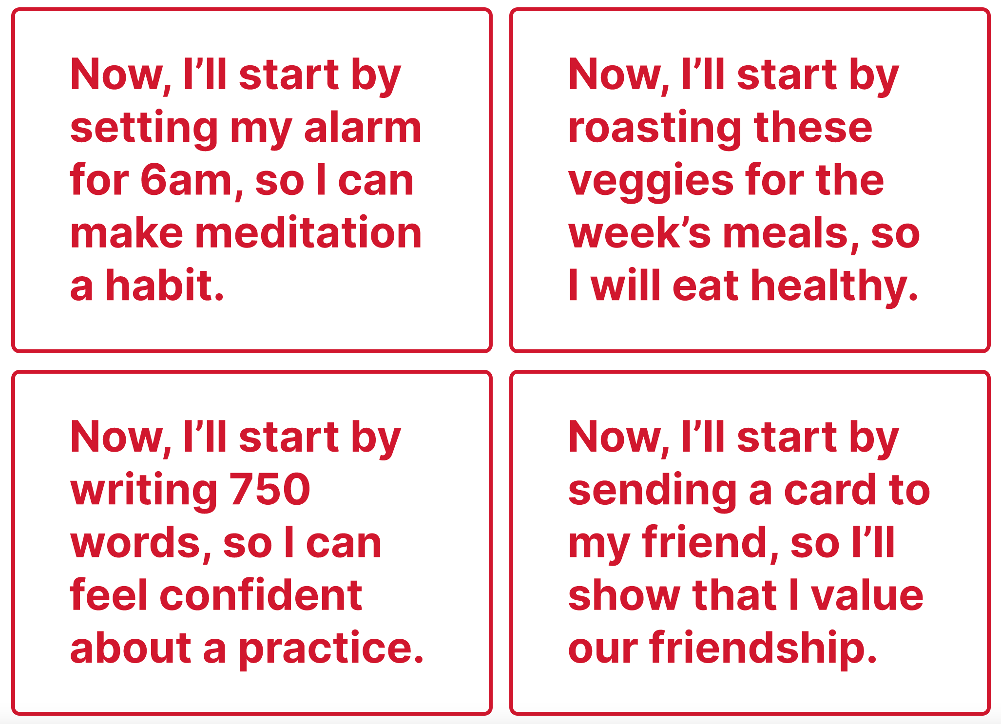 Four examples of commitment phrases for meditation, healthy eating, writing, and friendship.