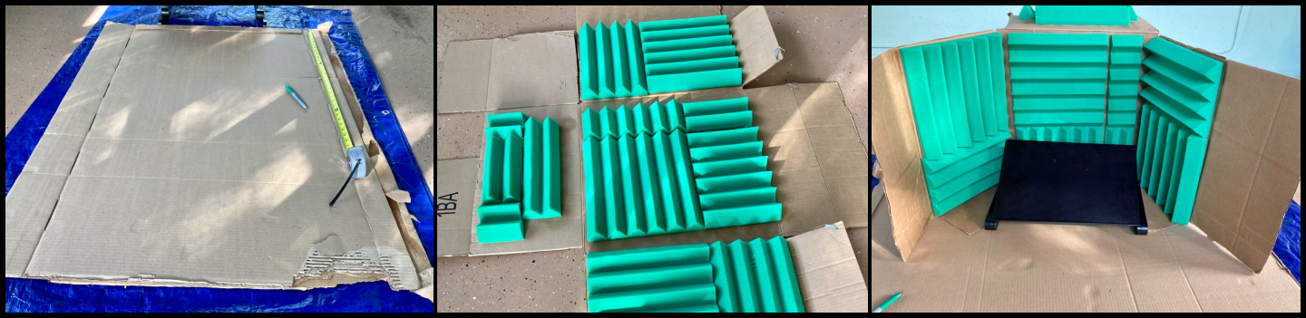 Cardboard, green foam, and blue tape in formation to become a storytelling booth
