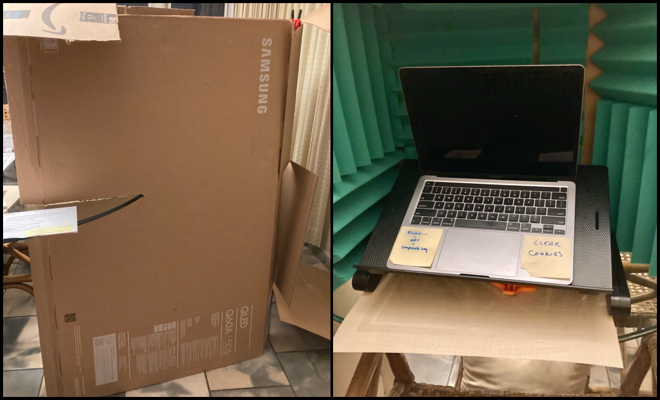 Image of cardboard (left) and laptop set up in storytelling booth prototype (right)