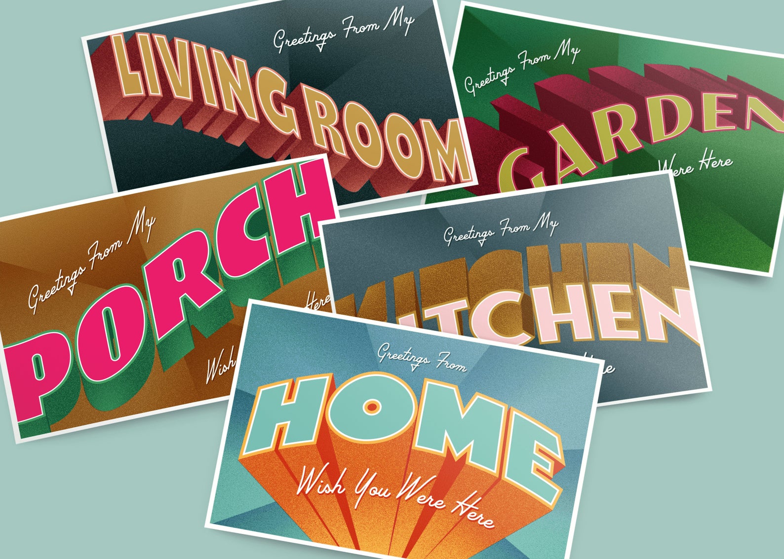 Vintage style postcards, five total, with the following home locations: living room, garden, porch, kitchen, home